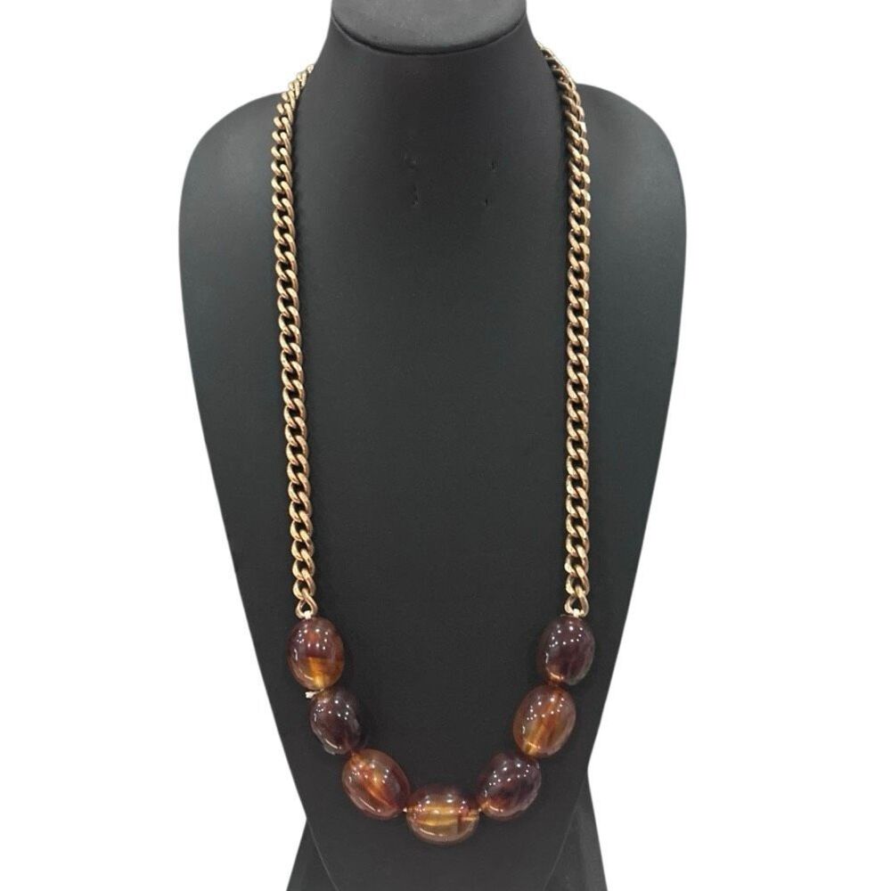 Vintage Long Statement Necklace Women's Gold-tone Chunky Chain Amber Resin Bead